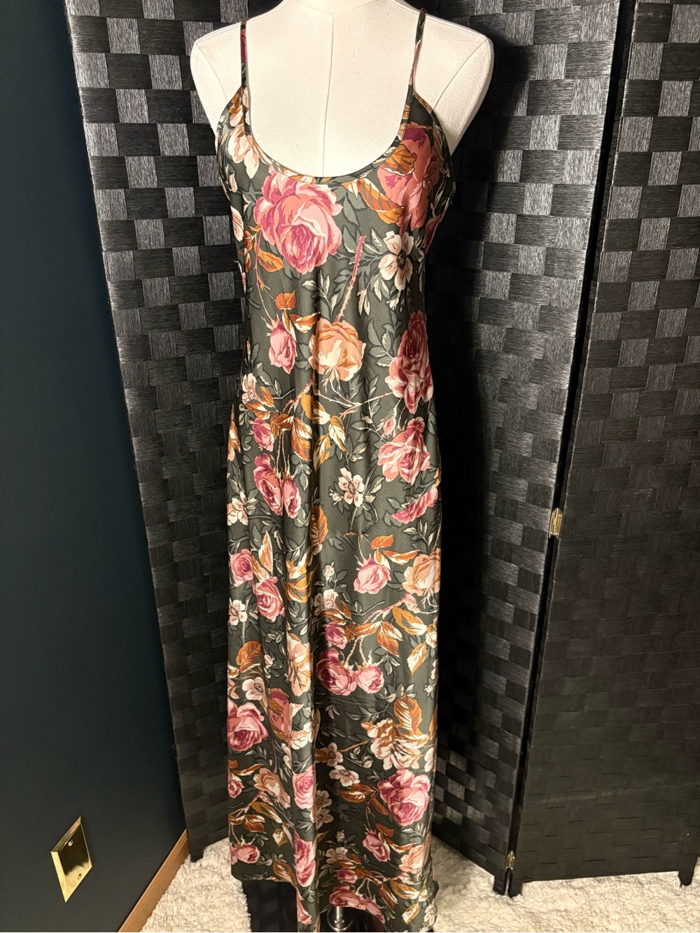 Joie Olive Green Rose Floral Satin Maxi Slip Dress